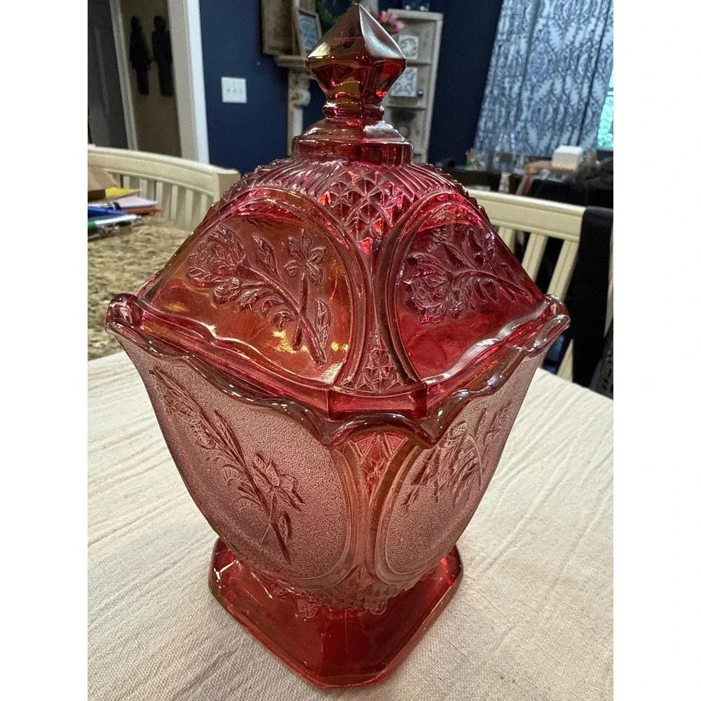 Vintage Ruby Red Glass Candy Dish with Lid Floral Rose Pattern Footed Square 7in